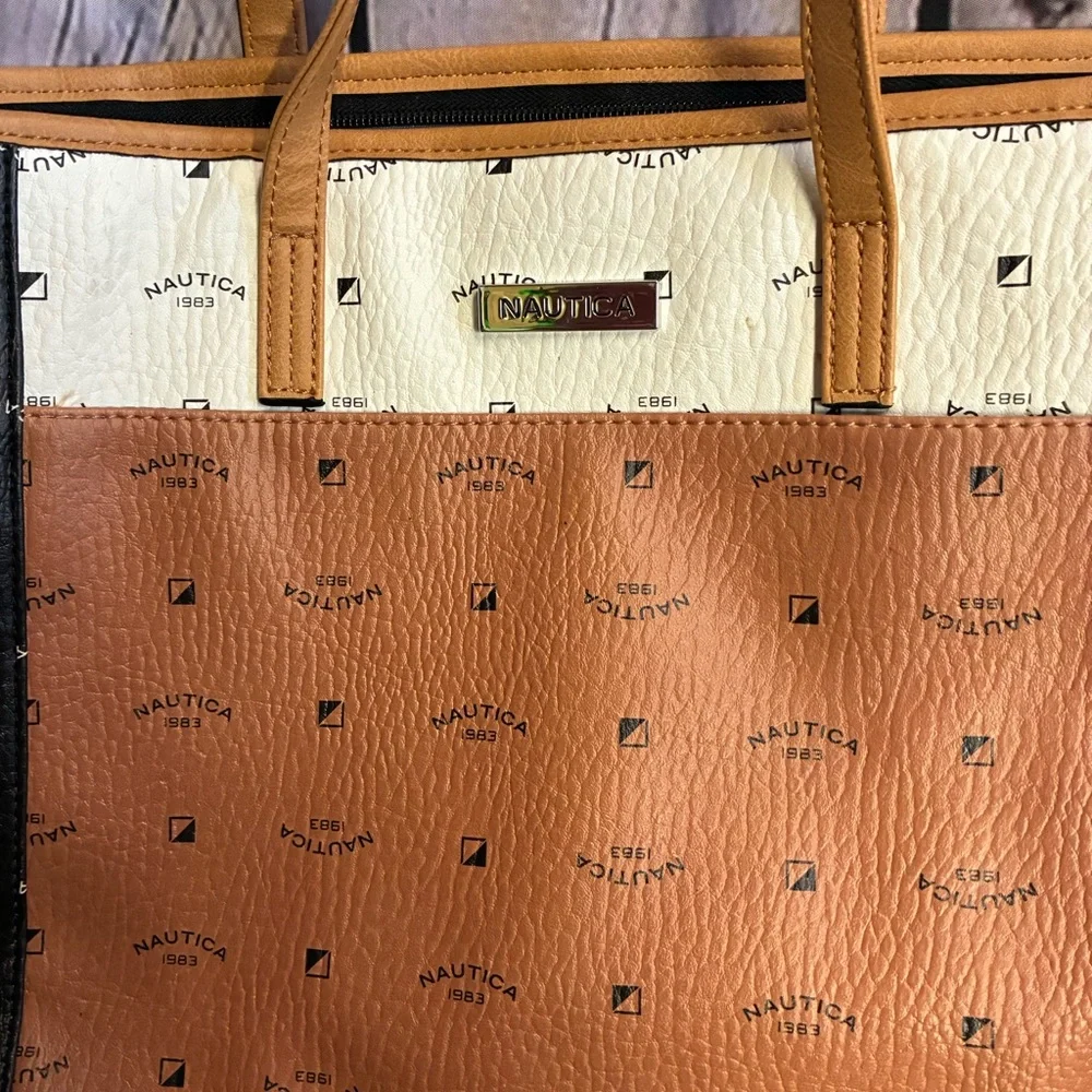 5/$20 Nautica 1983 Logo Zippered Boat‎ Tote Bag Black Camel Cream Patchwork ASIS